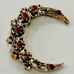 Vintage Crescent Moon Brooch | Gold Tone Red Rhinestone Pin | Celestial